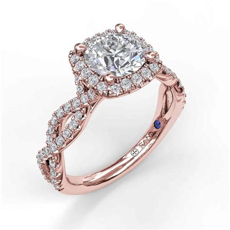 Round Cut With Cushion Halo Engagement Ring Set In Rose Gold With