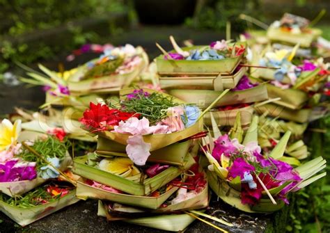 Offerings To Gods In Hindu Temple Bali Indonesia Stock Photo