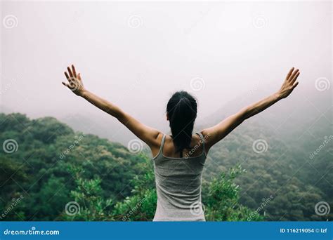 Woman With Outstretched Arms Enjoying The View Stock Photo Image Of