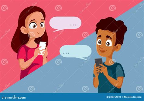 Teen Couple Exchanging Love Messages Vector Cartoon Stock Vector
