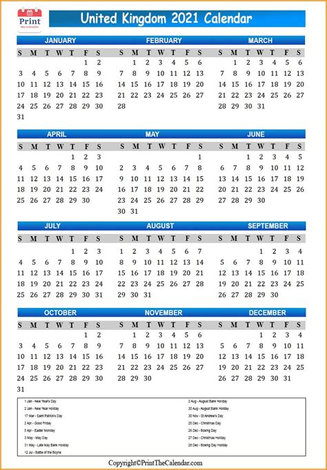 Uk Calendar 2021 With Uk Public Holidays