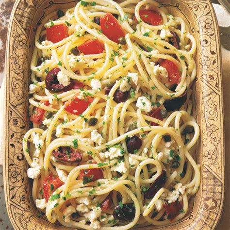 Heat pan at medium low before adding oil, so that the oil heats right away but does not start smoking. Spaghetti with Tomatoes, Black Olives, Garlic, and Feta ...