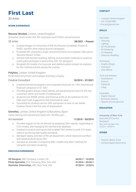 6 3d Artist Resume Examples For 2023 Resume Worded