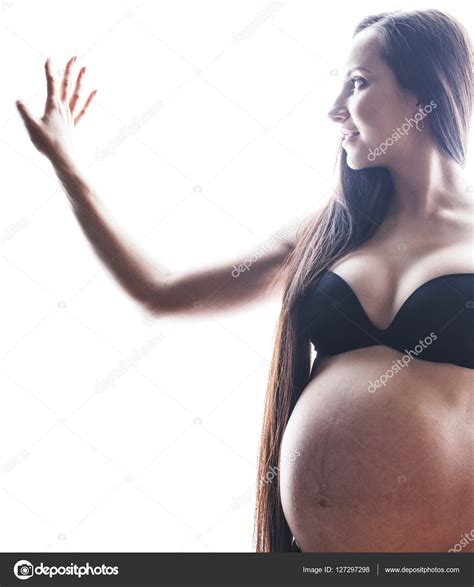Beauty Sexy Brunette Pregnant Woman Isolated Black And White Por Stock