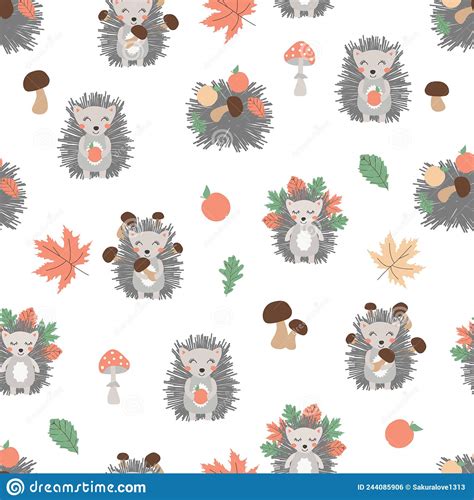 Cute Seamless Pattern With Hedgehog Mushrooms And Trees Hand Drawn