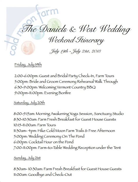 4 Sample Wedding Weekend Itinerary Templates Doc Pdf