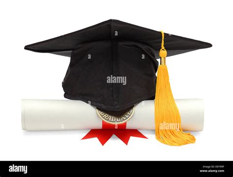 Graduation Hat And Diploma Front View Isolated On White Background