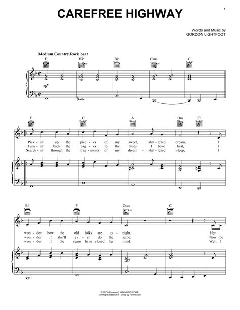 Carefree Highway Sheet Music Gordon Lightfoot Piano Vocal And Guitar