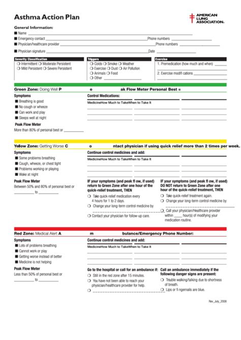 Free Printable Asthma Action Plan