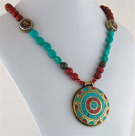 Tibetan Turquoise Coral Om Pendant Necklace Natural Turquoise Etsy