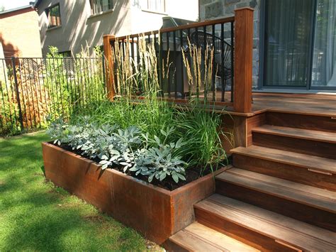 Ipe Deck And Staircase Custom Raised Planter Box In Corten Deck