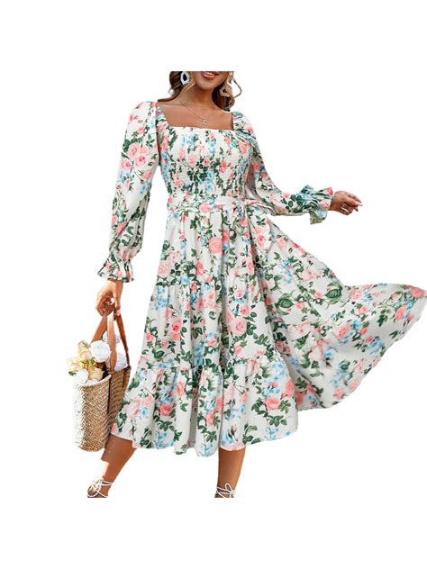 Eyicmarn Womens Boho Flowy Long Sleeve Square Neck Maxi Dress Floral