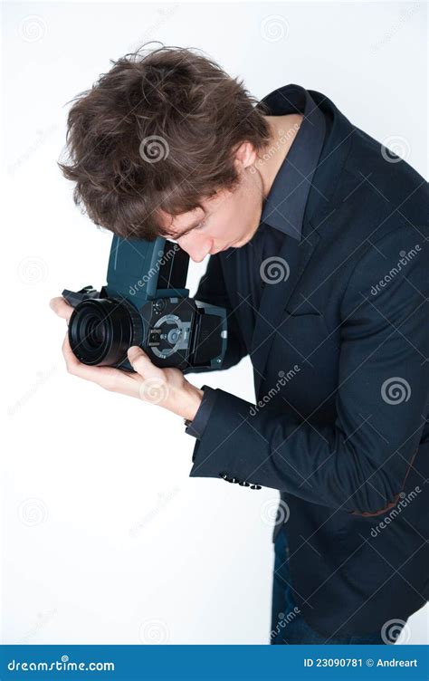 Man Using Retro Camera Stock Image Image Of Device Arts 23090781