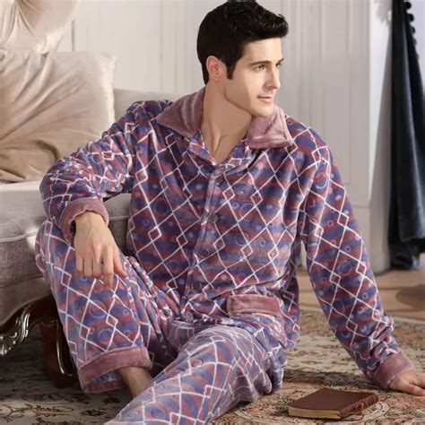 Winter Mens Warm Flannel Pajamas Long Sleeve Thick Fleece Sleep Lounge