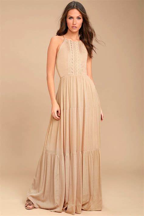 Lovely Beige Maxi Dress Embroidered Maxi Dress Sleeveless Maxi