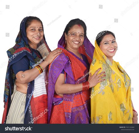 Three Rural Indian Women Posing Together Stock Photo