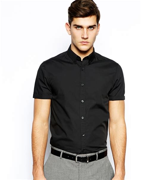 Asos Smart Shirt In Short Sleeve With Button Down Collar In Black For Men Lyst