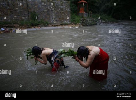 Kathmandu Nepal 3rd Sep 2019 Nepalese Hindu Women Lash Themselves With Leaves Of Aghada