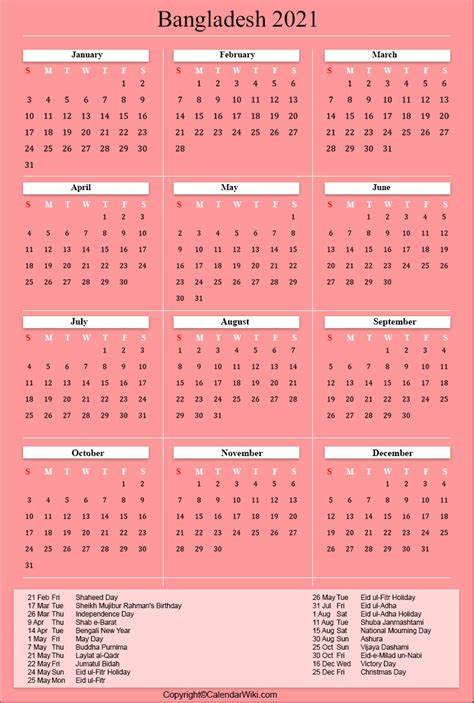 Printable Bangladesh Calendar 2021 With Holidays Public Holidays