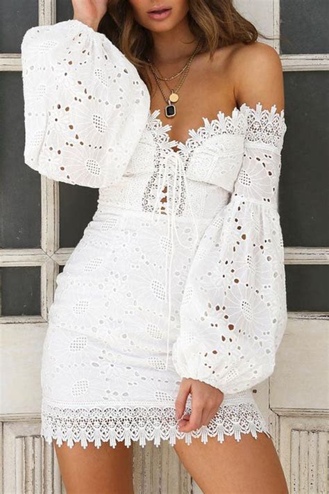 Eyelet Cotton Front Lace Up Off The Shoulder Bodycon Dress Sunifty