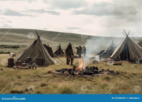 Nomadic Tribe Setting Up Camp With Tents Animals And Fire Stock