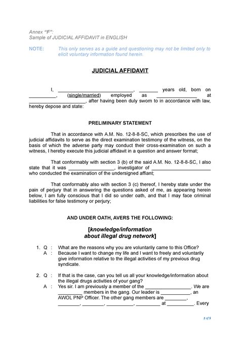 Sample Format Of Judicial Affidavit English Annex F Sample Of