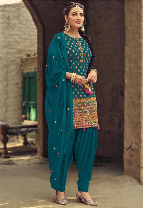 Embroidered Georgette Punjabi Suit In Teal Blue Kuf14902