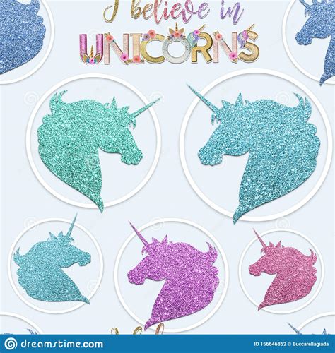 I Beleieve In Unicorns Seamless Pattern Unicorn Glitter Silhouette On Pastel Blue Background