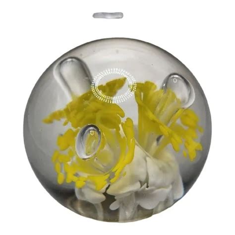 Vtg Handblown Murano Art Glass Large Yellow Flowers Bubbles Polished Paperweight 125 00 Picclick