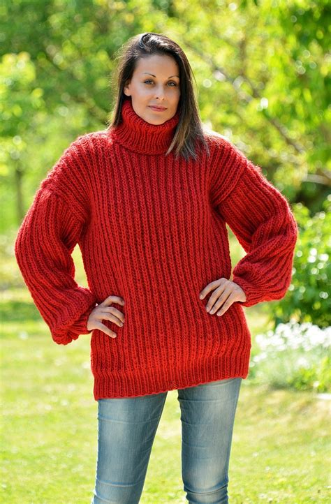 Ribbed hand Knitted Chunky 100 % Wool Turtleneck Sweater red color