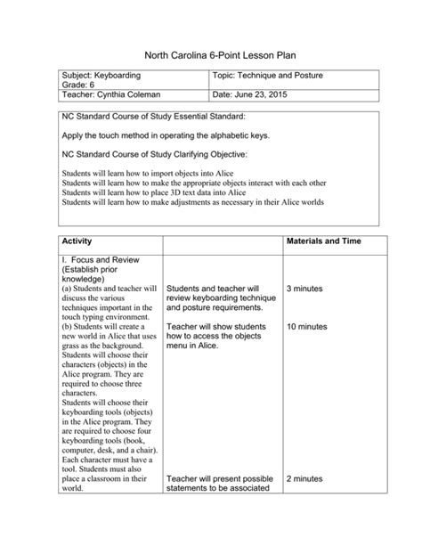 North Carolina 6 Point Lesson Plan