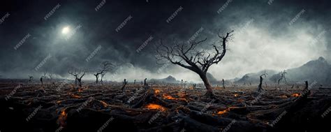 La terra bruciata devastata negli alberi bruciati della valle ha