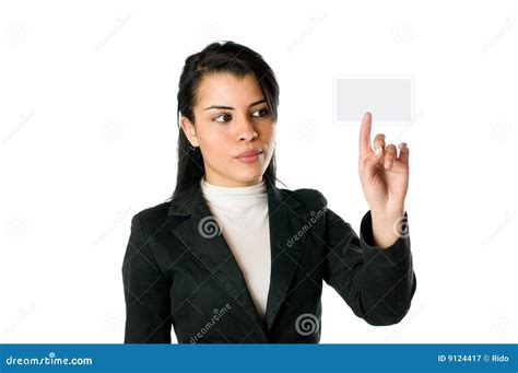 Businesswoman Pushing A Button Stock Image Image Of Enter Hand 9124417