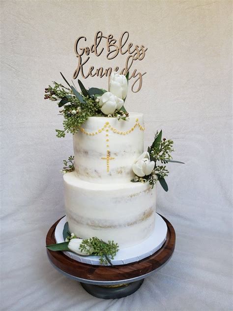 Semi Naked Baptism Cake With White Tulips First Communion Cakes First