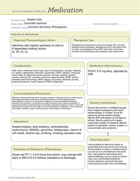 Coumadin - drug cards - ACTIVE LEARNING TEMPLATES Medication STUDENT