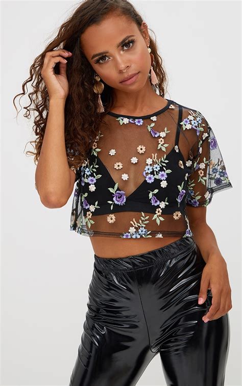 Petite Black Sheer Embroidered Crop Top Tops Prettylittlething Usa