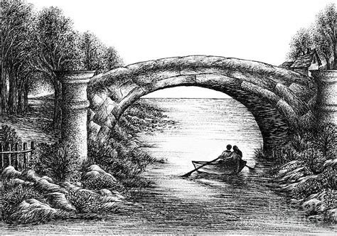 Ink Drawing Of Old Bridge Across A Small River Drawing By Evelyn Sichrovsky