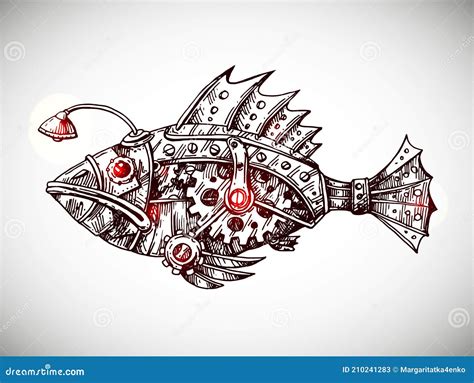 Mechanical Fish Hand Drawn Vector Illustration Stock Vector