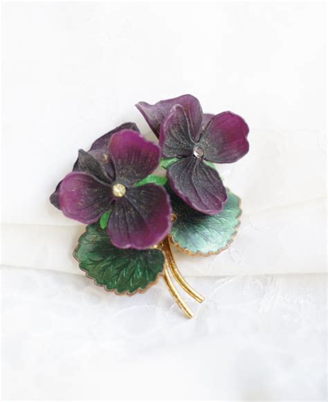double purple violets flowers brooch pin with enamel green etsy violet flower special ts