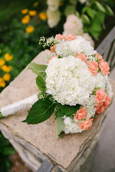 white hydrangea and peach carnation bridal bouquet hydrangeas wedding peach wedding flowers