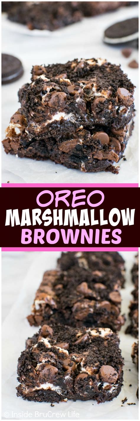 Our family is in love with cookies and cream candy bars and oreo cookies. Oreo Marshmallow Brownies - Inside BruCrew Life | Fun desserts, Desserts, Best dessert recipes