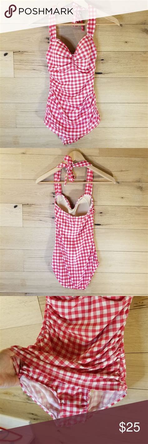 Modcloth Gingham Retro Red And White Swimsuit Sz 6 White Swimsuit