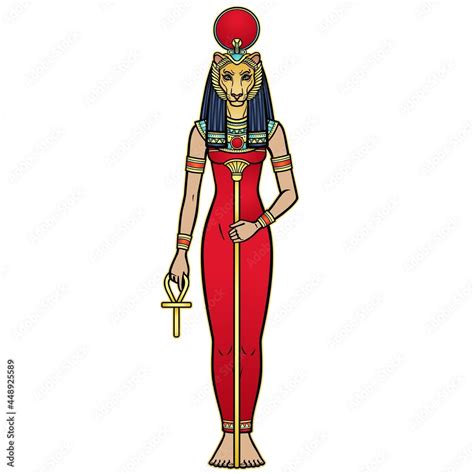 animation portrait ancient egyptian goddess sehmet tefnut holds symbols of power staff and