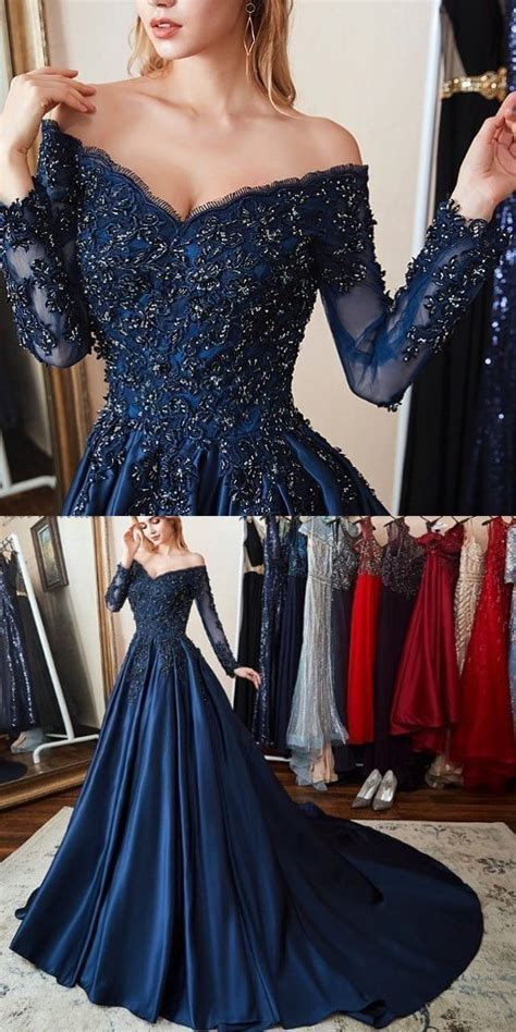 V Neck Navy Blue Long Prom Dresses With Appliques From Dressydances Blue Ball Gowns Prom