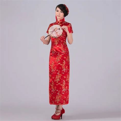 Red Chinese Traditional Dress Women Satin Qipao Dragon Phenix Long Cheongsam Plus Size S M L Xl
