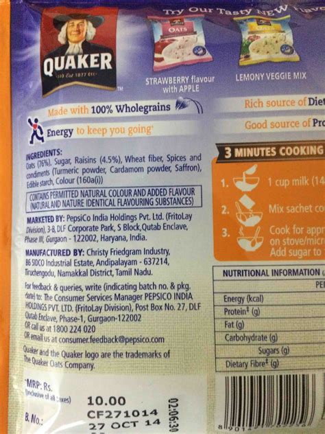 The quaker oats company is an american food division business headquarted in chicago. Quaker Oats Nutrition Label India - NutritionWalls