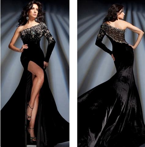 Fashion Luxury Black Evening Dress With Slit 2016 One Shoulder Mermaid Long Sleeve Women Pageant