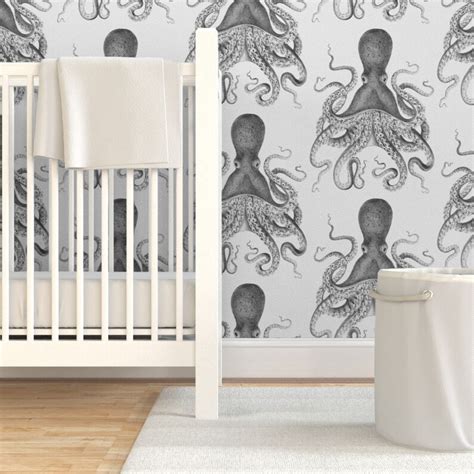Nautical Wallpaper Octopus Oasis In Charcoal By Willow Lane Etsy Uk