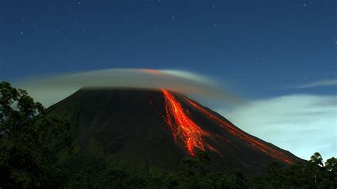 Landscape Volcano Eruption Sky Lava Island Smoke Night Stars Rocks Fire