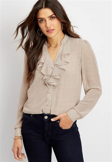 Plaid Ruffle Neck Button Down Blouse Maurices